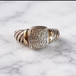 Sterling Silver and 18k gold Diamond Pave Square Ring